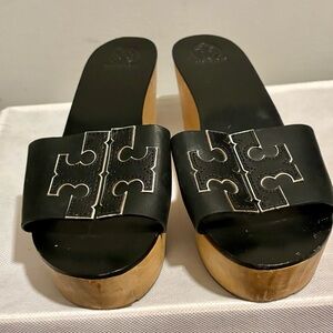 Tory Burch Black and Gold Mules